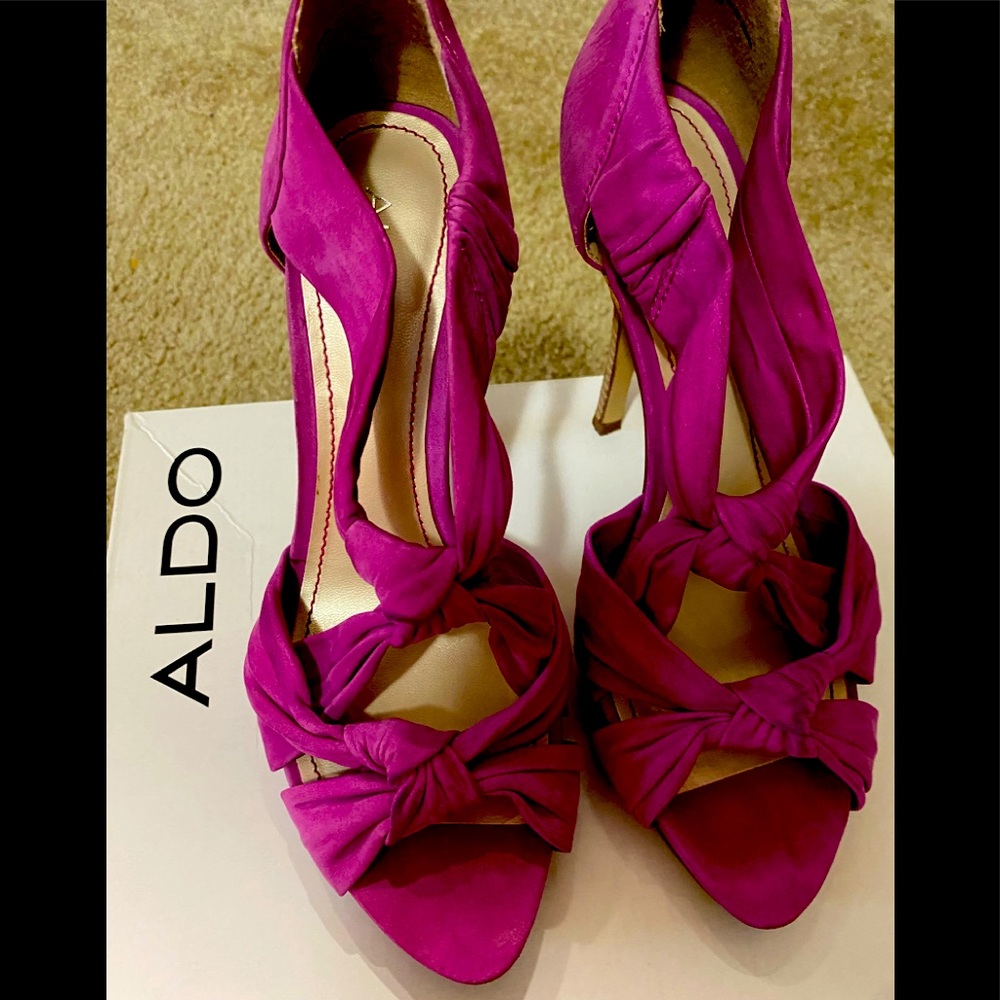 Fuchsia, suede, strappy, stiletto sandals